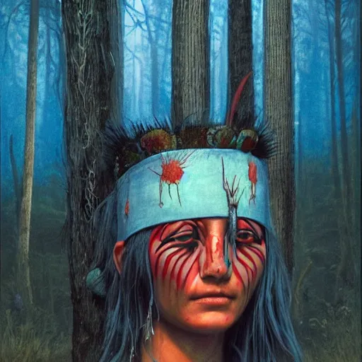 Image similar to A young blindfolded shaman woman with a decorated headband from which blood flows, blue hair and wood on her head. The background is a forest on fire, made by Esao Andrews and Karol Bak and Zdzislaw Beksinski