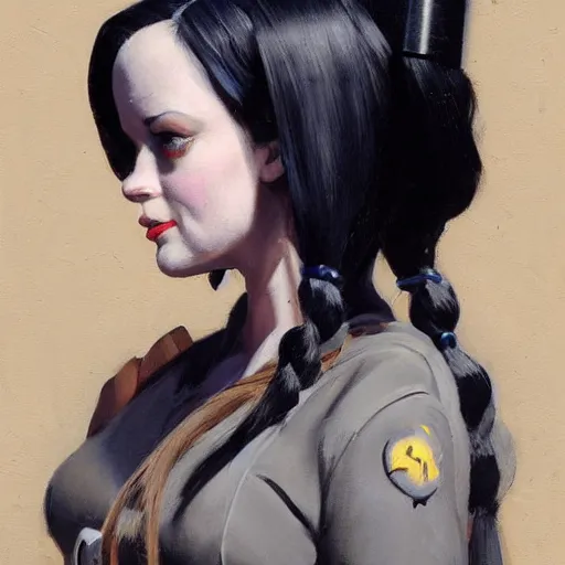 Image similar to greg manchess portrait painting of wednesday from addams family as overwatch character, medium shot, asymmetrical, profile picture, organic painting, sunny day, matte painting, bold shapes, hard edges, street art, trending on artstation, by huang guangjian and gil elvgren and greg rutkowski