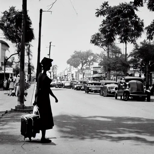 Image similar to of a young 2 1 year old white girl on the main street in bulawayo with a suitcase in 1 9 6 0 black and white photograph