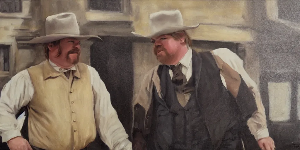 Prompt: oil painting of one Phillip Seymour Hoffman as an old west banker in a busy old west town