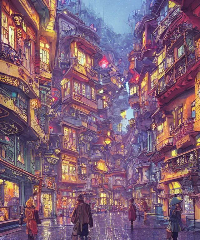 Prompt: insane perspective of colorful street vue from steampunk tokyo prague, intricate details, realistic shaded , humid ground, highly detailed, artstation, painting by François Schuiten and moebius, disney fantasy style, people and creatures walking, volumetric light, neon lights, rainy mood