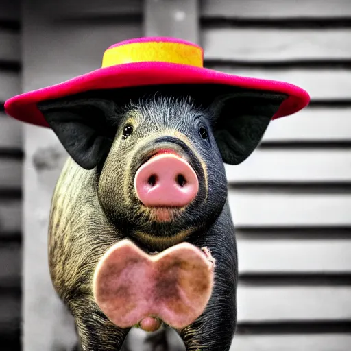 Image similar to an award winning portrait photo of a pig wearing a sombrero