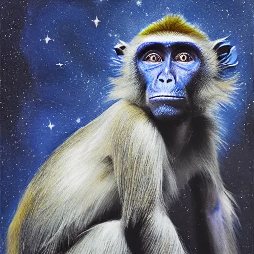 Prompt: blue monkey lying on his back looking up at the stars, oil on canvas, intricate, 8 k highly professionally detailed, hdr, cgsociety