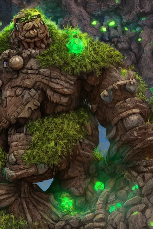 Image similar to zelda fantasy art giant golem troll wood rock greeble gemstone, global illumination ray tracing hdr fanart arstation by sung choi and eric pfeiffer and gabriel garza and casper konefal