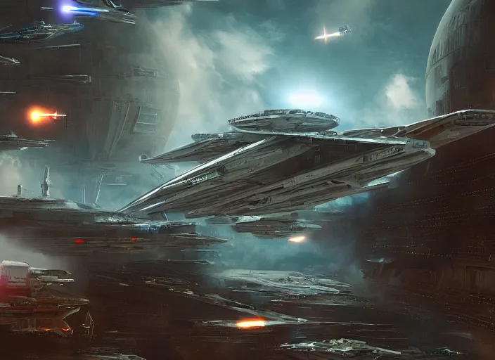 Image similar to a single large spaceship seen from the surface of a busy metropolis, star wars digital art, trending on art station