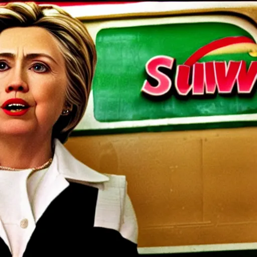 Prompt: hilary clinton super excited to be working at subway, sarcastic, by norman rockwell hyperrealism 8 k