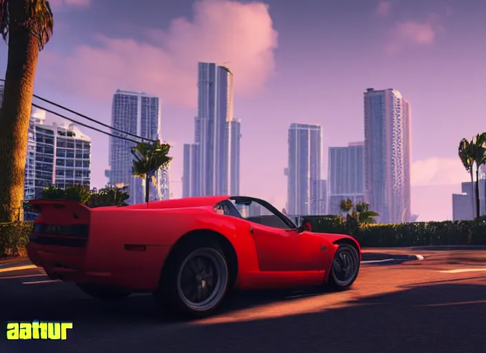 Image similar to still next - gen ps 5 game grand theft auto 6 2 0 2 4 remaster, graphics mods, rain, red sunset, people, rtx reflections, gta vi, miami, palms and miami buildings, photorealistic screenshot, unreal engine, 4 k, 5 0 mm bokeh, close - up generic sports car, gta vice city remastered, artstation