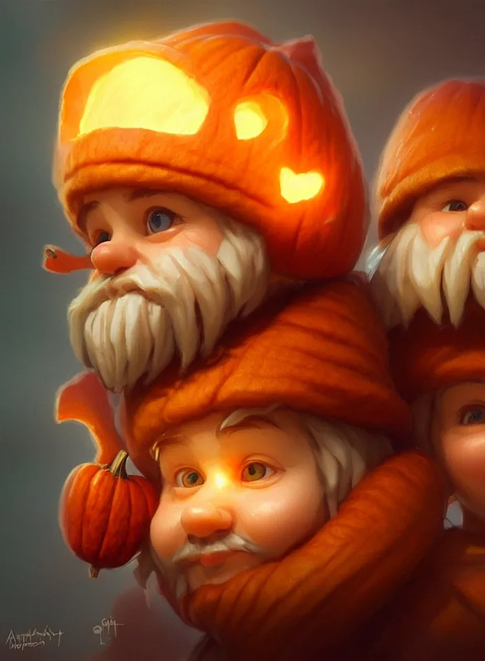 Image similar to hand drawn cute one gnomes face in autumn and pumpkin, detailed closeup face, concept art, low angle, high detail, warm lighting, volumetric, godrays, vivid, beautiful, trending on artstation, art by artgerm and greg rutkowski and alphonse mucha