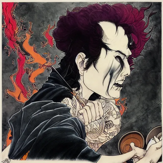 Prompt: expressive and intensive, black ink & copic markers, vibrant muted colors, nostalgic still of [ satan, lord of darkness 😈 ] [ doing the dishes ], sideview, medium shot, by ( arthur adams ), by ( tom bagshaw ), by henry asencio, by kikuchi hideyuki, ukiyo - e