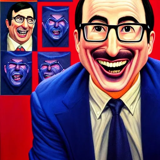 Prompt: Facial portrait. John Oliver, looking at the camera, laughing like a maniac. dramatic background, dramatic illumination. extremely detailed painting on canvas. by Greg Capullo and by Henry Moebius and by John Romita Jr. Shown in a newspaper.