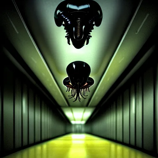 Image similar to black glossy xenomorph drone, alien movie, endless empty office building, pale yellow wallpaper, moist brown carpet, dim fluorescent lighting, artstation, ultra detailed, creepy, dramatic lighting, photorealistic, art by h. r. giger