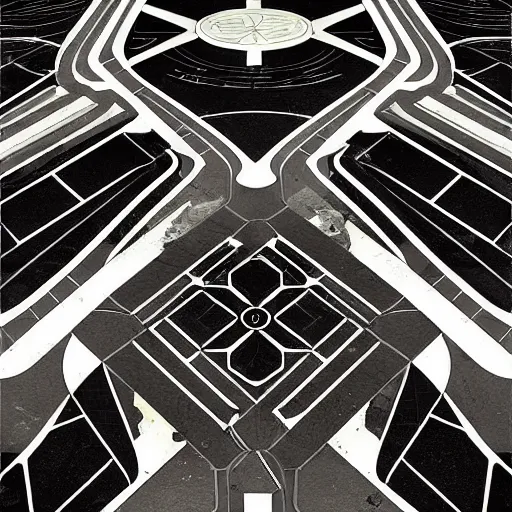 Image similar to art nouveau floor pattern, geometric, interlocking, solar system, scifi inspired, foundation, thin lines, black and white by paul chadeisson, greg rutkowski