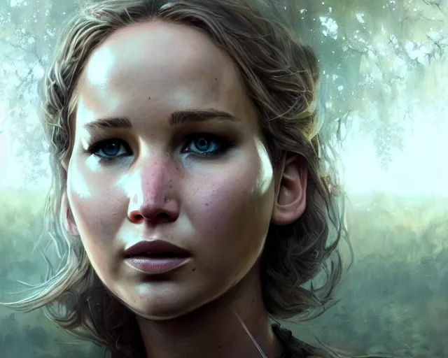 Image similar to highly detailed portrait of jennifer lawrence, in the walking dead, stephen bliss, unreal engine, fantasy art by greg rutkowski, loish, rhads, ferdinand knab, makoto shinkai and lois van baarle, ilya kuvshinov, rossdraws, tom bagshaw, global illumination, radiant light, detailed and intricate environment