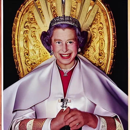 Prompt: magazine cover photo of Elizabeth II as the new pope, portrait photo by Slim Aarons in 1965 TIMES magazine cover photo, color