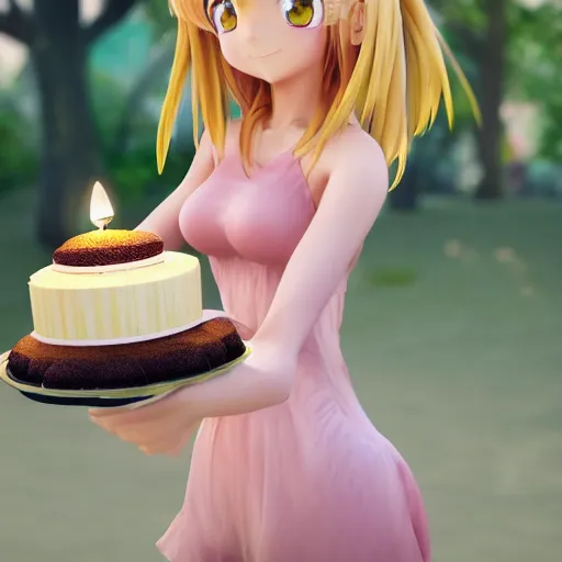 Prompt: Render of a beautiful 3d anime woman holding a birthday cake to show the camera, long light pink hair, full bangs, hazel eyes, cute freckles, full round face, soft smile, Chinese heritage, cute checkerboard sundress, golden hour, serene beach setting, medium shot, mid-shot, hyperdetailed, trending on Artstation, Unreal Engine 4k