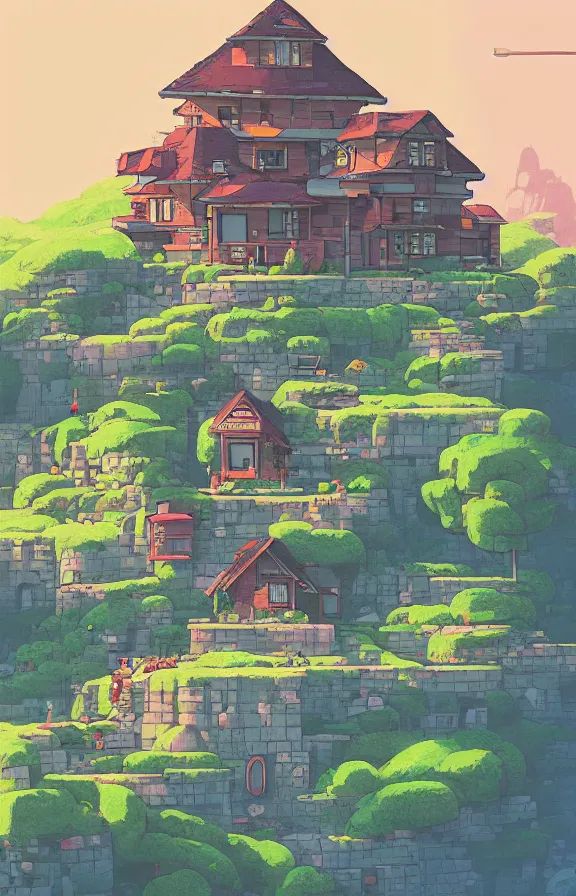 Prompt: house and roads on a mountain, sharp focus, james gilleard, akira toriyama, print, game art