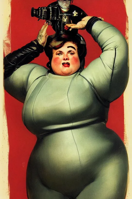 Image similar to 5 0 s pulp scifi fantasy illustration head and upper body portrait cheerful obese woman in leather spacesuit by norman rockwell, roberto ferri, daniel gerhartz, edd cartier, jack kirby, howard v brown, ruan jia, tom lovell, frank r paul, jacob collins, dean cornwell, astounding stories, amazing, fantasy, other worlds