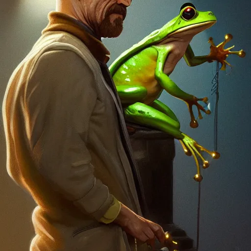 Image similar to a frog and walter white, intricate, highly detailed, digital painting, artstation, concept art, smooth, sharp focus, illustration, unreal engine 5, 8 k, art by artgerm and greg rutkowski and alphonse mucha