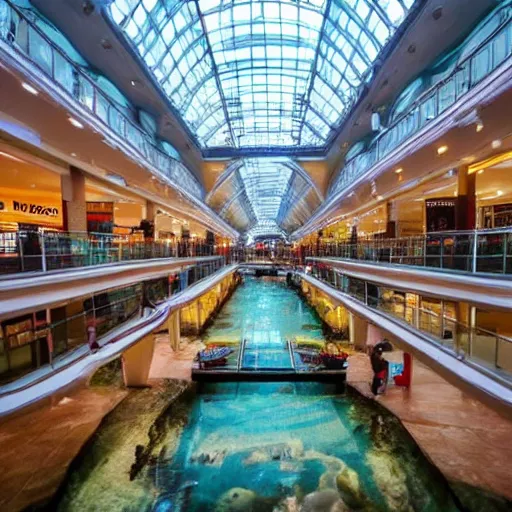 Image similar to photo of inside a shopping mall the inside is flooded with over 2 0 meters depth of water, highly detailed.