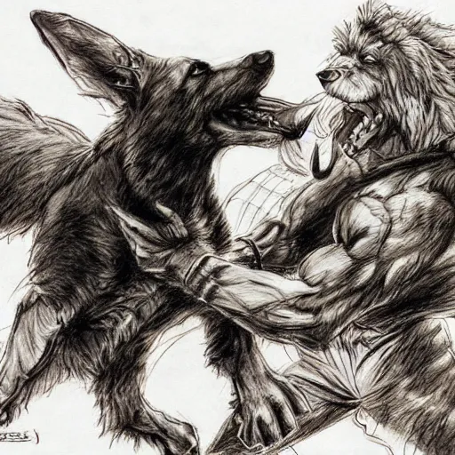 Image similar to a humanoid german shepherd beast - man wrestling with another german shepherd in the middle of an arena, pencil art, added detail, high definiton, colored, aerial viewyoji shinkawa