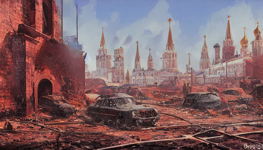 Image similar to A detailed render of a post apocalyptic scene of Kremlin in Moscow ruined and devastated by fires, burned down rusty Moscow buses in flood water, sci-fi concept art, by Syd Mead, highly detailed, oil on canvas