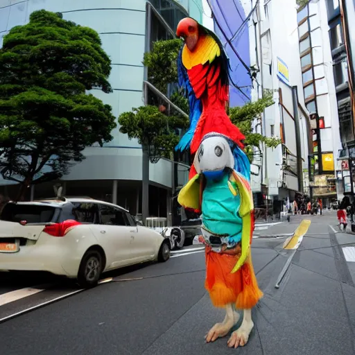 Image similar to a human sized parrot standing on a street in ota city, tokyo