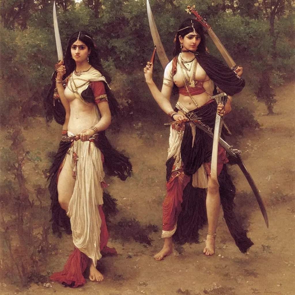 Image similar to an extremely beautiful female hindu warrior carrying swords, art by auguste toulmouche and bouguereau