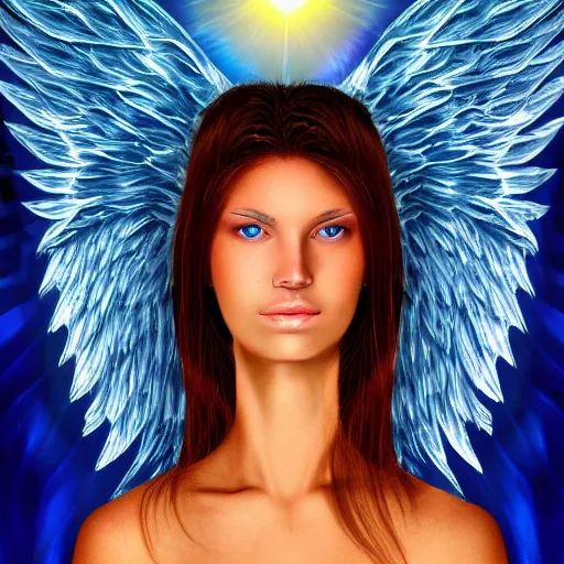 Prompt: Epic Professional digital airbrushed self-portrait of a female angel. she looks straight ahead. her deep blue eyes are beautiful and inspiring peace.