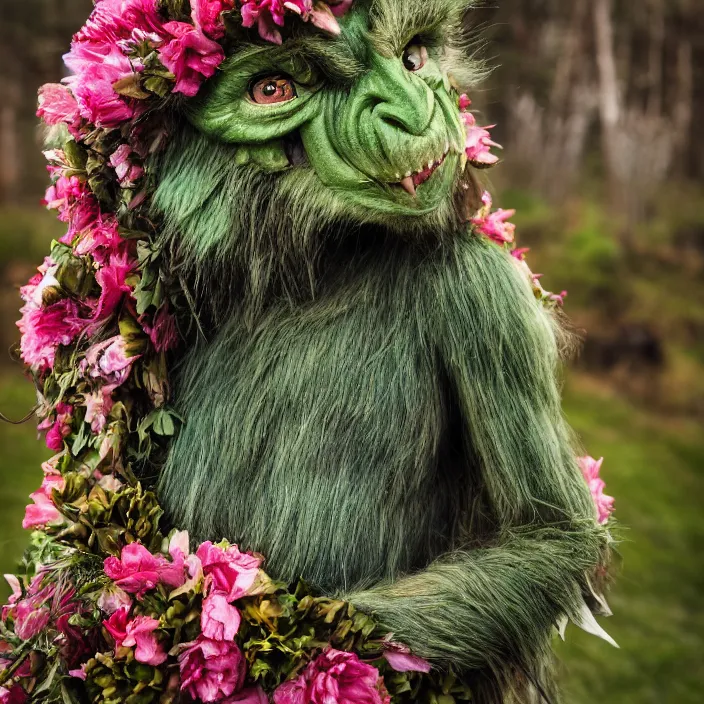 Prompt: a green-horned goblin monster wearing a cloak made of flowers, by Omar Z. Robles, CANON Eos C300, ƒ1.8, 35mm, 8K, medium-format print