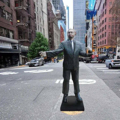 Image similar to a sculpture of putin standing in the middle of a street in new york city,