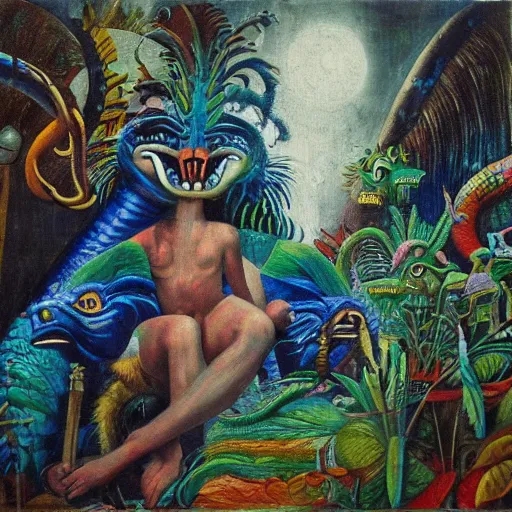 Image similar to high quality, high detail painting, dutch masterpiece, fluxus, blu, film noir, william s burroughs, scene in las pozas with quetzalcoatl at night, hd, muted lighting