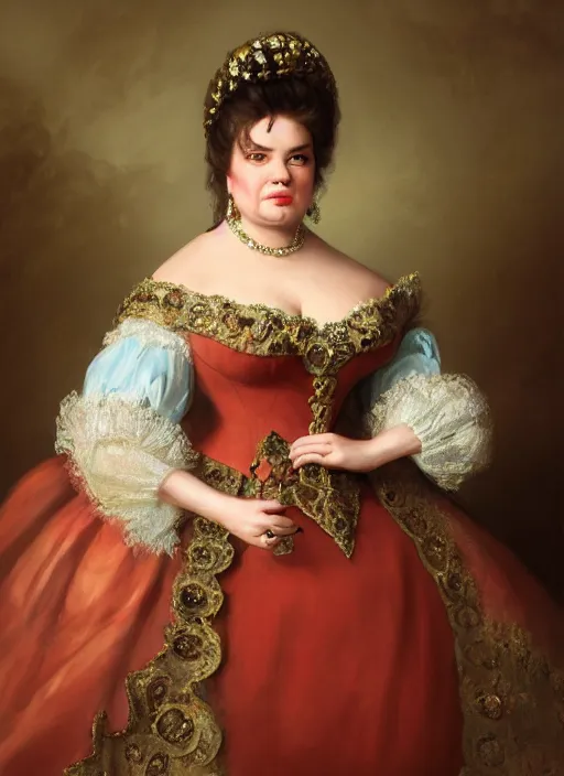 Prompt: formal portrait of obese jackie kennedy as obese catherine the great. digital art by eugene de blaas, ross tran, and nasreddine dinet, vibrant color scheme, intricately detailed, in the style of romanticism. artstation, greg rutkowski