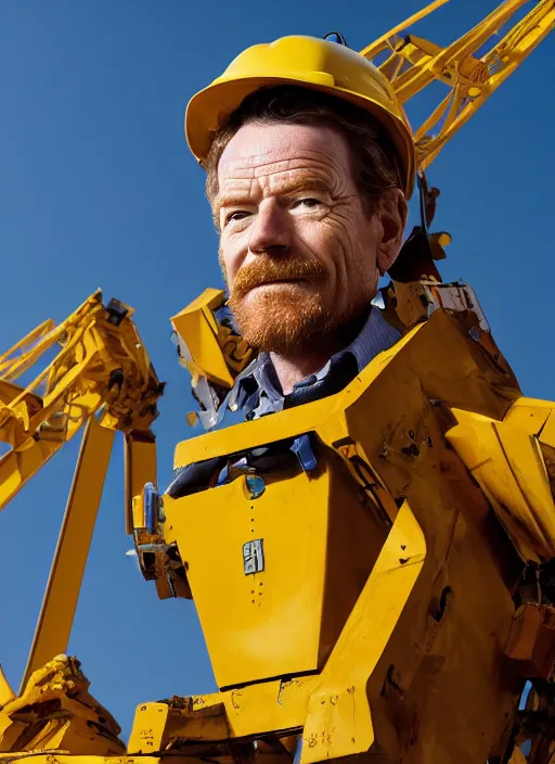 Image similar to closeup portrait of mecha bryan cranston with construction crane arms, yellow hardhat, natural light, bloom, detailed face, magazine, press, photo, steve mccurry, david lazar, canon, nikon, focus