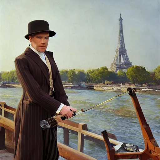 Prompt: ewan mcgregor is standing by the river seine on a bridge in the morning. he is wearing a gentleman ´ s outfit with a bowler hat. next to him at his feet is lying a brown cat. ewan mcgregor is painting a canvas that is put on an easel. morning light. early 2 0 th century paris. vivid colours, digital art, by miyazaki