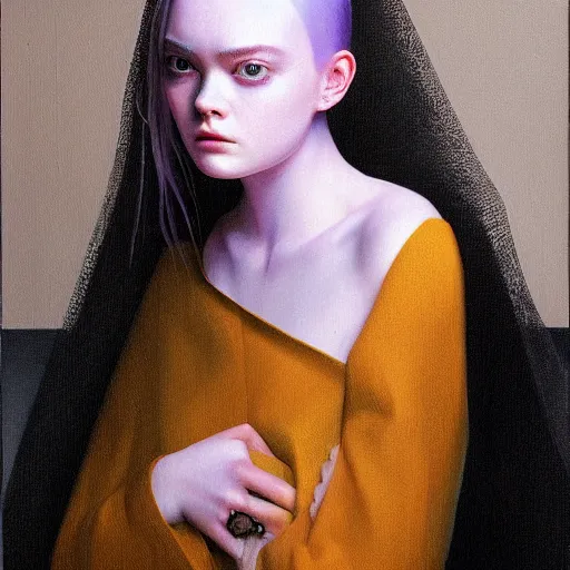 Prompt: a striking hyper real painting of cyberpunk Elle Fanning by Johannes Vermeer