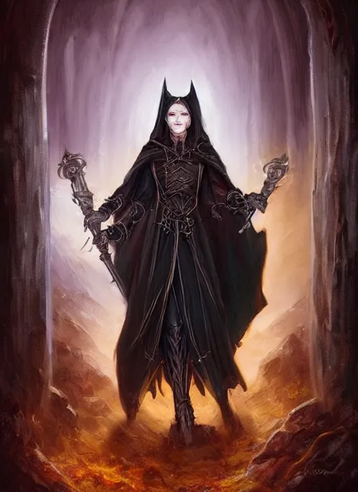 Image similar to dark black cloak female priest, ultra detailed fantasy, dndbeyond, bright, colourful, realistic, dnd character portrait, full body, pathfinder, pinterest, art by ralph horsley, dnd, rpg, lotr game design fanart by concept art, behance hd, artstation, deviantart, hdr render in unreal engine 5