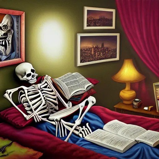 Prompt: a skeleton that is wearing pajamas in bed, and he is reading a big book, matte oil painting, by tim jacobus, goosebumps cover art, inside of a bedroom, 9 0 s, extremely detailed, sharp focus, 4 k