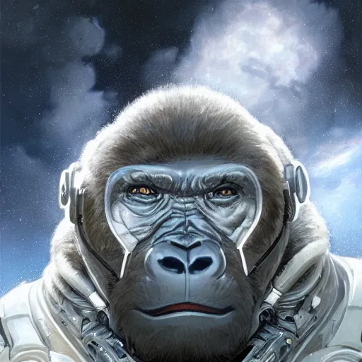 Prompt: detailed science - fiction character portrait of a silverback gorilla wearing a white armored space suit, intricate, wild, highly detailed, digital painting, artstation, concept art, smooth, sharp focus, illustration, art by artgerm and greg rutkowski and alphonse mucha