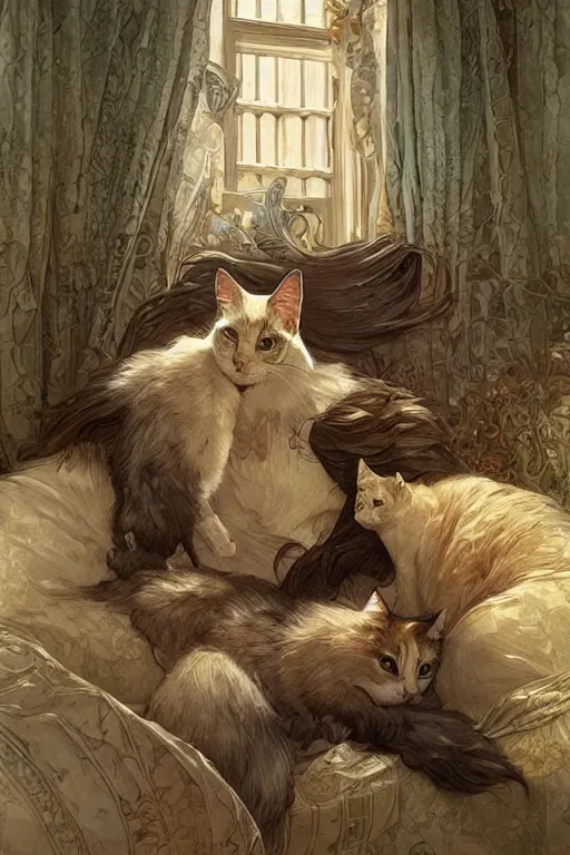 Image similar to cottagecore appartment with 100 cats playing inside, beautiful Hair, studio gibly, intricate, elegant, highly detailed, digital painting, artstation, concept art, smooth, sharp, focus, illustration, art by artgerm and greg rutkowski and alphonse mucha