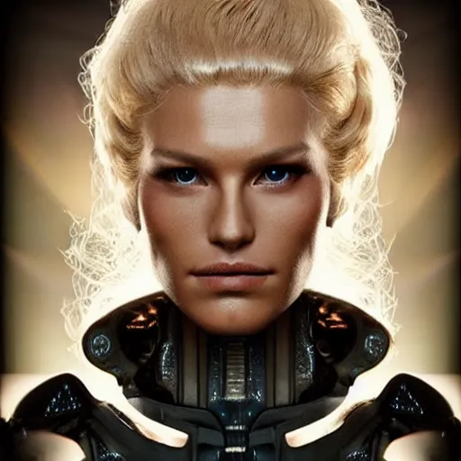 Image similar to very pretty blond borg queen on a borg ship, perfect face, symmetrical face, moody lighting, shallow depth of field,