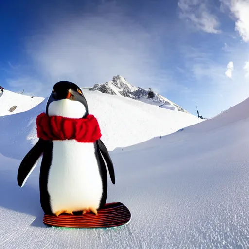 Image similar to ultrawide angle photograph of a snowboarding penguin, extremely detailed, the penguin has ruffled feathers, the snowboard he is standing on is bright red and carved, the snowboard has a tribal print, 8 k