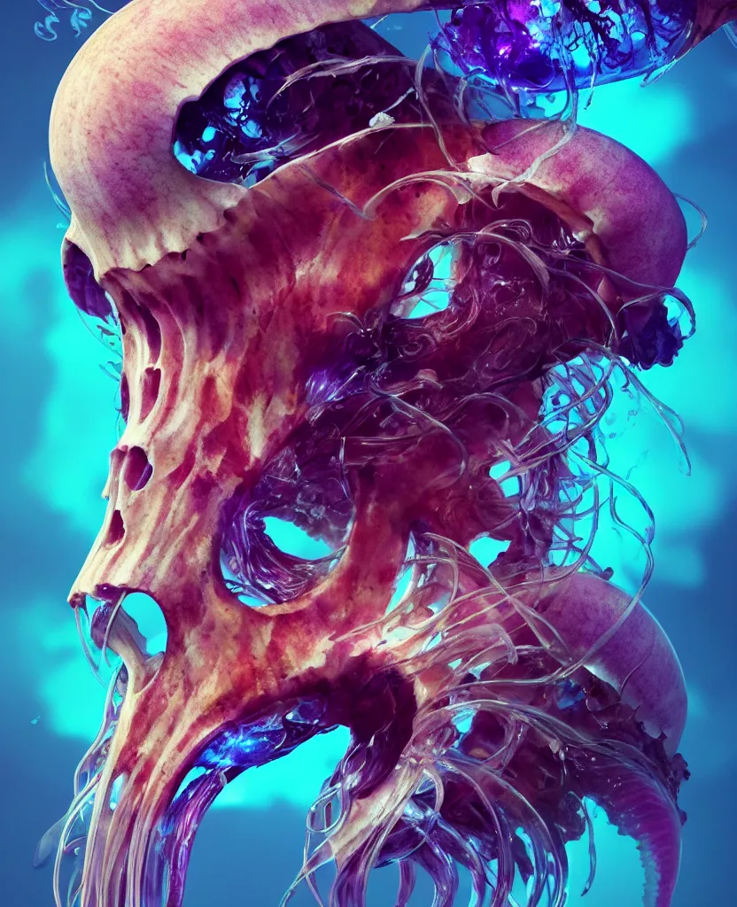 Image similar to goddess close-up portrait goat skull. jellyfish phoenix head, nautilus, orchid, skull, betta fish, bioluminiscent creatures, intricate artwork by Tooth Wu and wlop and beeple. octane render, trending on artstation, greg rutkowski very coherent symmetrical artwork. cinematic, hyper realism, high detail, octane render, 8k