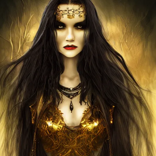 Image similar to a gothic sorceress, long black hair, golden eyes, digital art, highly detailed, high resolution, award winning