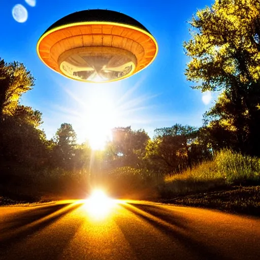 Image similar to actual photograph of UFO, golden hour, award winning, high def