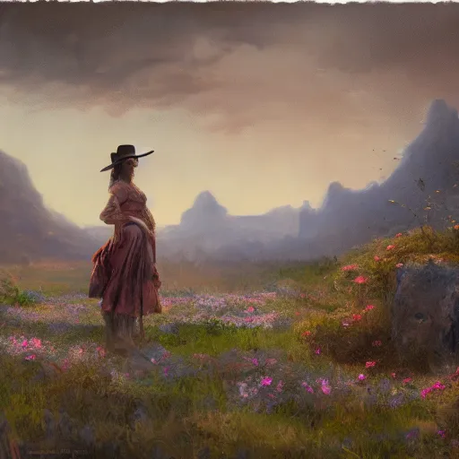 Image similar to a matte painting of the wild west, woman standing in patchy flower, oil painting, pale colors, high detail, 8 k, wide angle, trending on artstation,