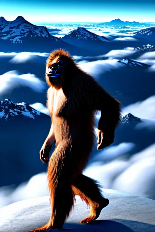 Prompt: a hyper detailed photo of a realistic sasquatch leading you across a summit of a beautiful mountain range, above the clouds, photorealistic, unreal engine 5, 8 k post production, cinematographic, rule of thirds, ray tracing, v - ray, octane render, go pro, redbull