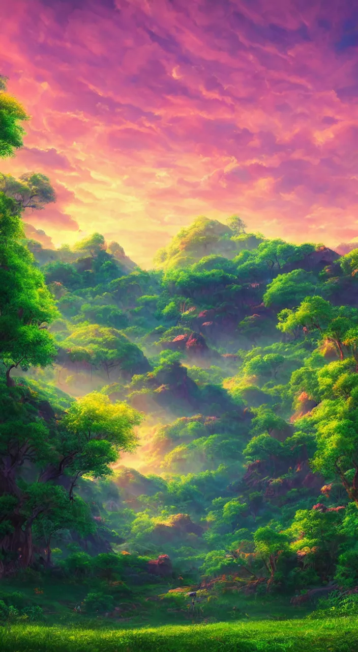 Prompt: lush green valley with pink anime sky clouds backlit by yellow sun, godrays, high contrast, vibrant colors, vivid colors, high saturation, fantasy, artwork, aesthetic, calming, very beautiful scenery, hd, hdr, ue5, ue6, unreal engine 5, cinematic, 4k wallpaper, 8k ultra, by Greg Rutkowski and Jesper Ejsing and Raymond Swanland and alena aenami, featured on artstation, wide angle