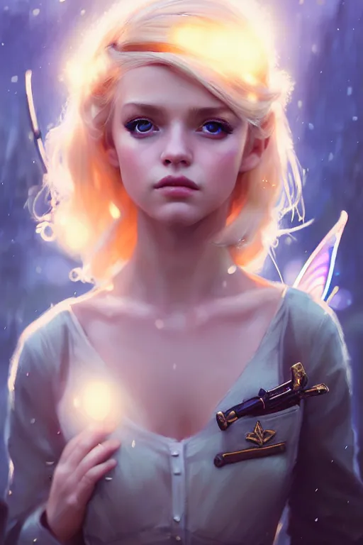 Image similar to cinematic shot of an epic portrait of a cute blonde fairy dressed in military clothes, stylised military clothes, shiny skin, beautiful eyes, beautiful, small details, night setting, realistic poster with volumetric light from craig mallism, artgerm, jeremy lipkin and michael garmash, unreal engine, radiant light, digital art, trends at art station, a masterpiece