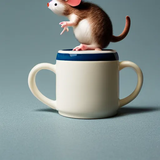 Image similar to a studio photoshoot of a collectible mug with fat mouse shape, special ceramic materials, Off-White, realistic, color film photography by Tlyer Mitchell, 35 mm, graflex