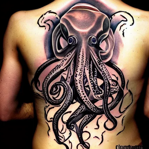 Prompt: a tattoo illustration of an evil octopus, cinematic, symmetric, digital art